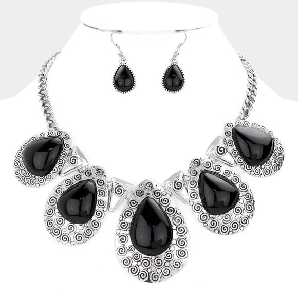 NEW Bohemian Black Oval Stone Silver Emobssed Necklace Set - Picture 3 of 7